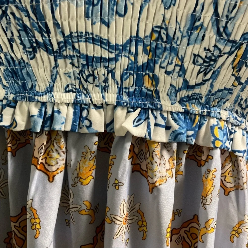 Floral Blue and White, Tie Shoulder Maxi Dress w/ pockets, Size Small - Picture 6 of 11